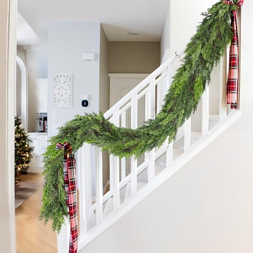9FT Christmas Pine Garland - Real Touch Green Garland - Artificial Realistic Cedar Garlands for Mantel, Staircase, Tabletop - Indoor Outdoor Winter Christmas Decor