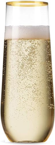 Munfix 48 Pack Stemless Plastic Champagne Flutes Disposable 9 Oz Gold Rim Clear Plastic Toasting Glasses Shatterproof Recyclable and BPA-Free