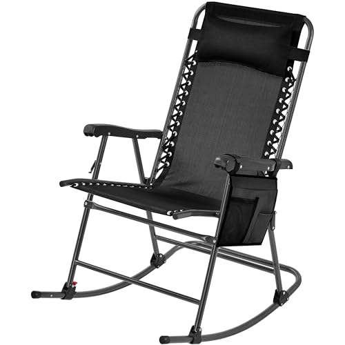 Yaheetech 26in Rocking Chair Outdoor Zero Gravity Folding Chairs Rocking Chairs Foldable Outdoor Reclining Lounge Chair for Outside Lawn with Cupholder/Pillow Ergonomic Design for Rest, Beige