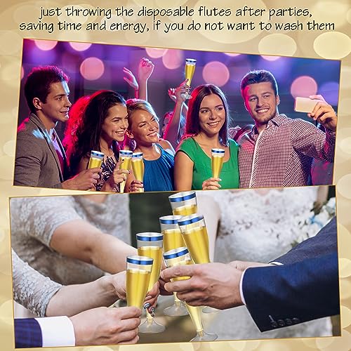 Zubebe 100 Pcs Plastic Champagne Flutes 4.5oz Classic Champagne Clear Plastic Cups Wedding Party Toasting Cocktail Cups Bulk Home Toasting Drinking Party(Blue)