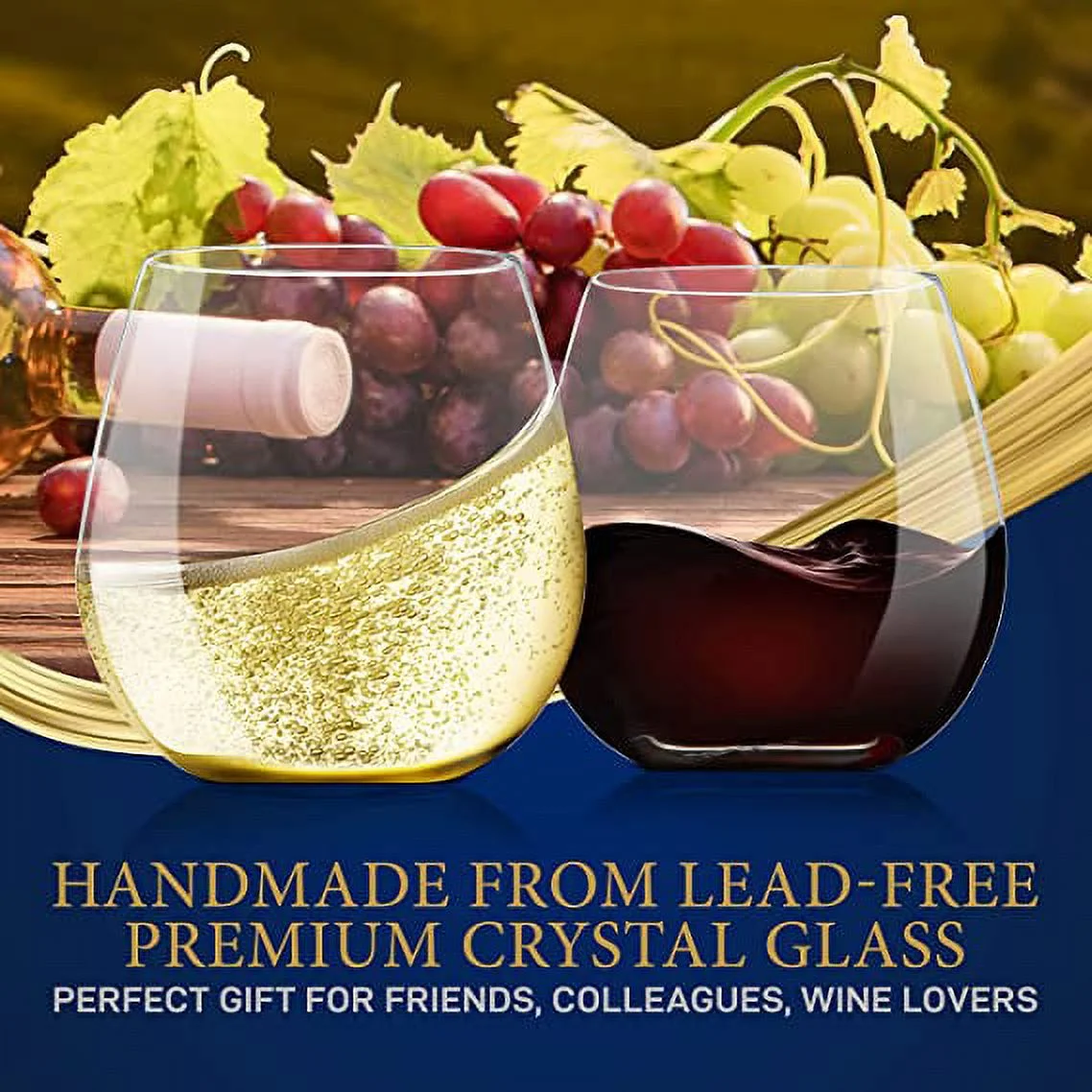 NutriChef 15oz Stemless Wine Glasses Set of 12 Ultra-Thin Elegant Wine Crystal Glass Drinkware