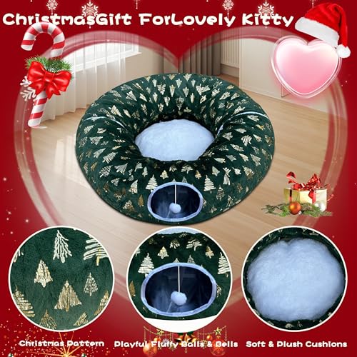 LUCKITTY Christmas Snowflake Print Cat Tunnel Under Tree, Velvet-Touch Jacquard Fabric with Hanging Plush Ball, 10-Inch Diameter 3-Ft Wide Round Pet Tube - Plush & Festive Cat Diversion Red
