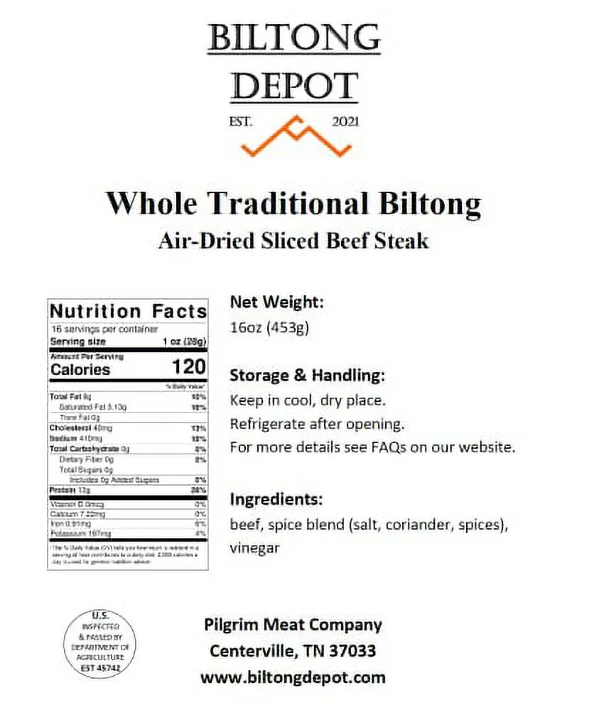 Biltong Depot Whole Slab Traditional Biltong (With Fat) 1Lb (16Oz) Paleo And Keto Friendly/No Preservatives, No MSG, No Gluten, No Nitrates, No Preservatives