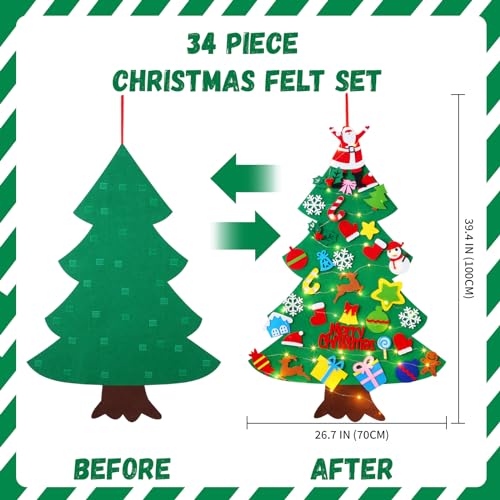 Felt Christmas Tree for Toddlers, YCOISINI 3.2ft My First Christmas Tree for Kids, 34 Ornaments Wall Hanging DIY Xmas Decorations with String Light (Batteries Not Included), Monochrome Version