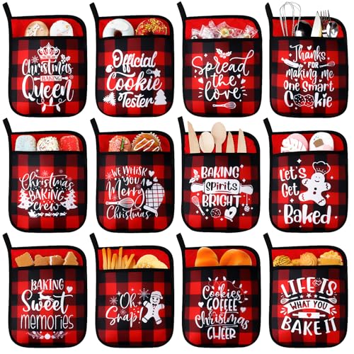 Layhit 12 Pieces Christmas Pot Holders with Pocket Heat Resistant Oven Mitts Hot Pads Farmhouse Cookie Bag for Kitchen Baking Cooking Appreciation Gift(Red and Green)