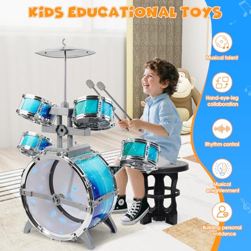 LeeQee Drum Set for Kids 1-3, Jazz Drumset for Toddler 3-5 Vibrant Aurora Light with 5 Pcs High Drums, Musical Instruments Toy for Age 5-7 Year Old Boys Girls