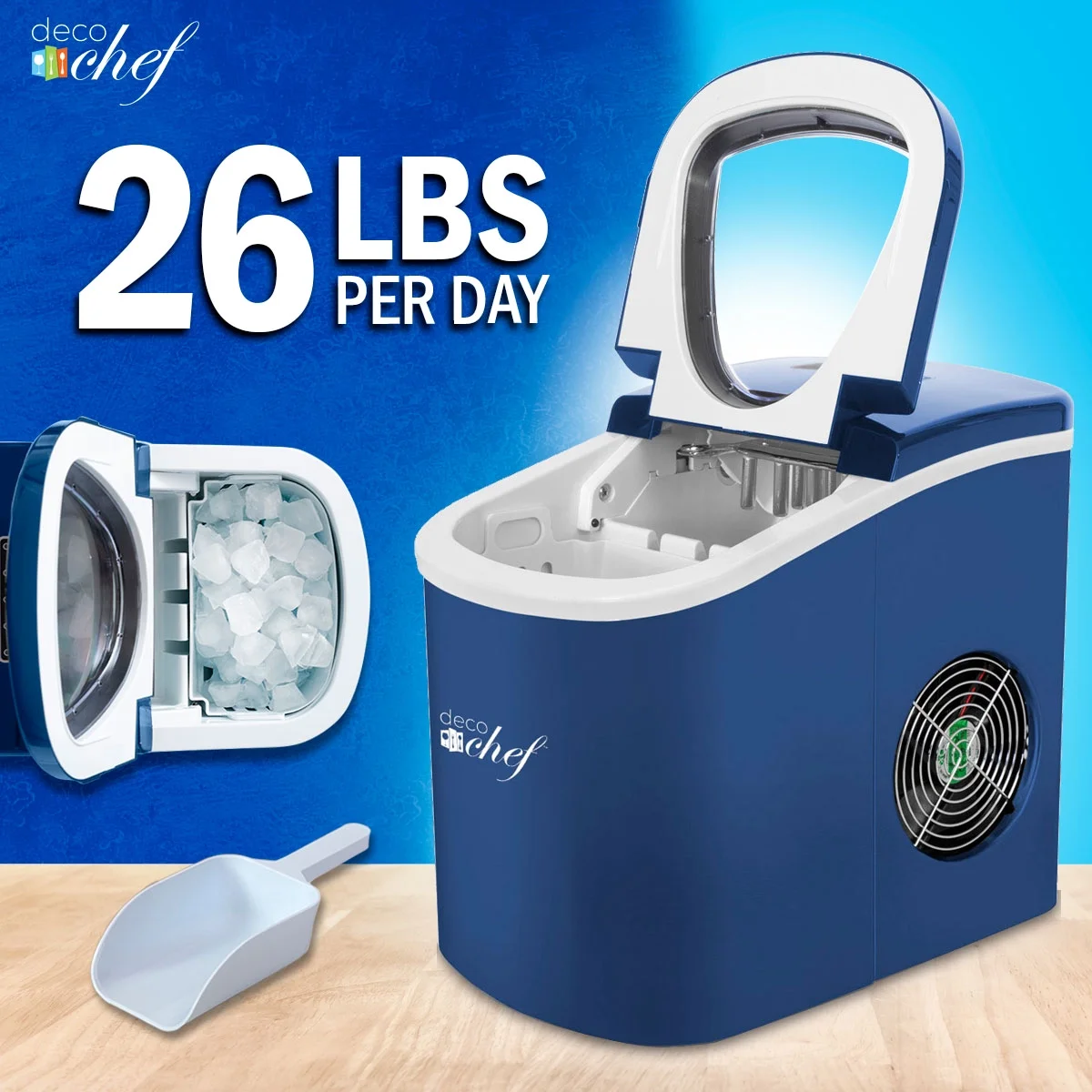 Deco Chef Blue Compact Electric Top Load Ice Maker with The Smoothies Bible Recipe Book