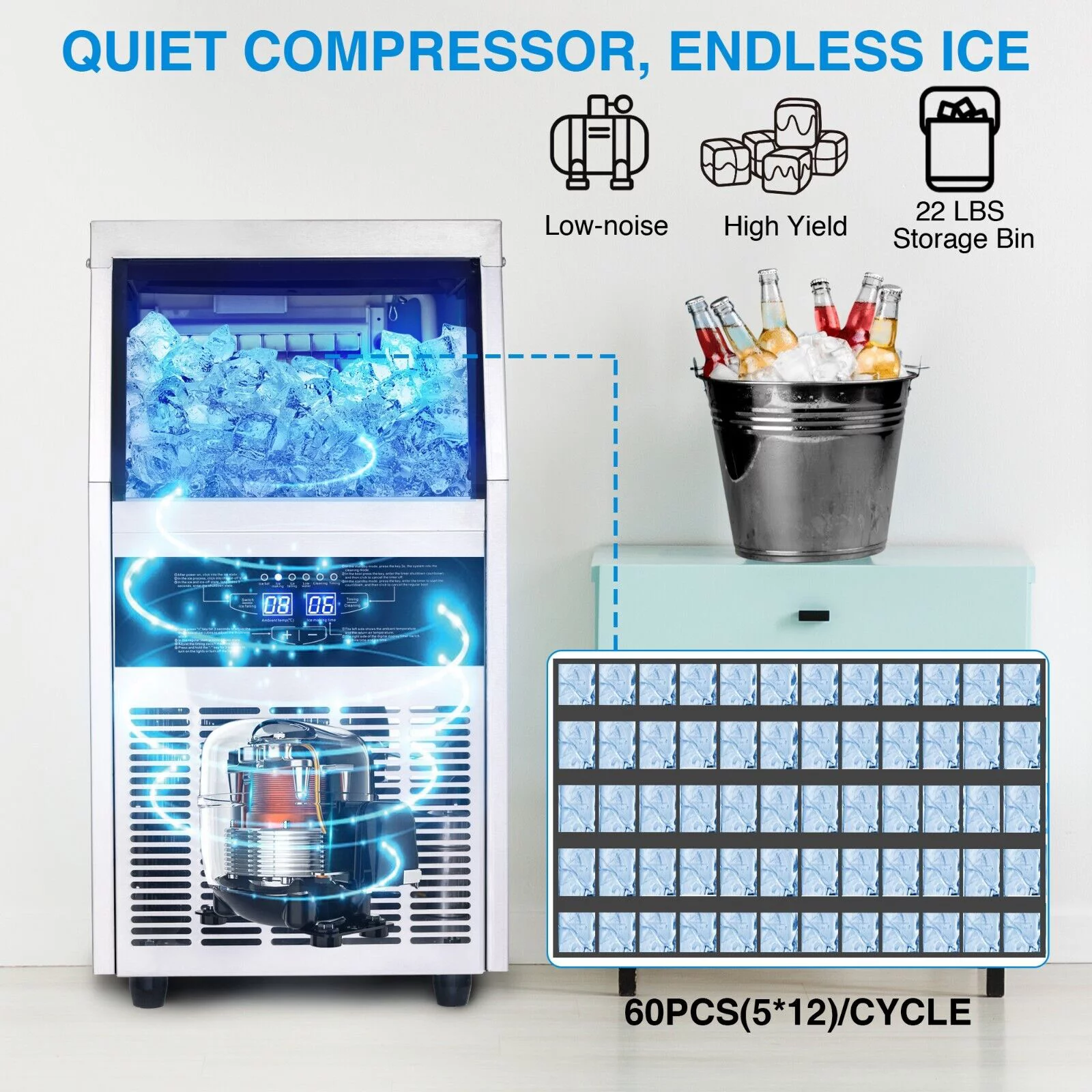 Commercial Ice Maker 150lb Stainless Steel Bar Restaurant Built-in Cube Machine