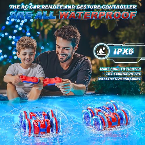 Waterproof Remote Control Car，4WD Amphibious 2.4 GHz RC Car Remote Control Boat，360°Rotation RC Stunt with LED Lights，Boys Girls Gifts All Terrain Water Beach Pool Toy