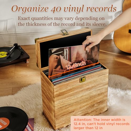 Vinyl Record Storage Box, Vintage Wooden LP Album Collection Storage Record Case Crate Organize 7/10/12 Inch Standard Records, Holds 40 Records - Carbonized Brown (Without window)