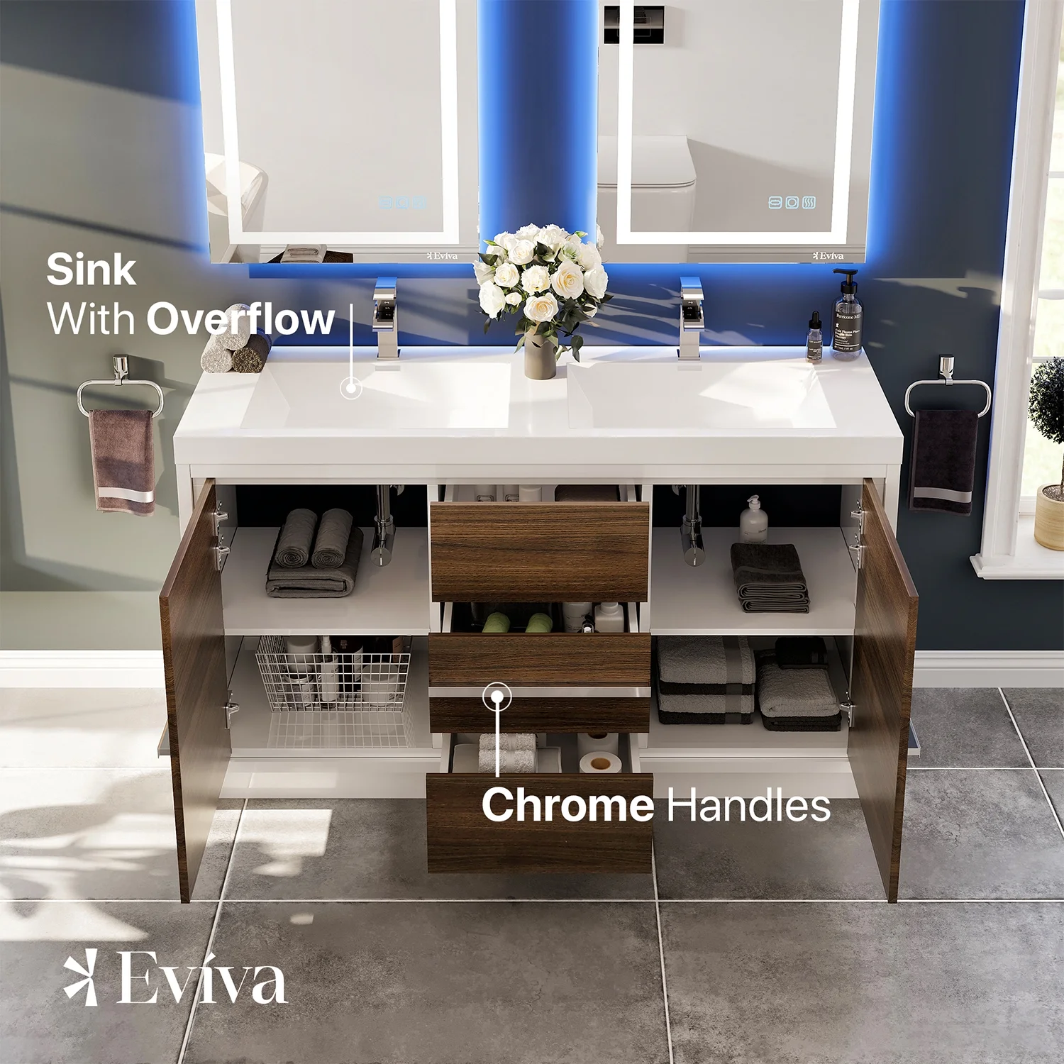 Eviva Grace 60 in. Gray Oak and White Bathroom Vanity with Double White Integrated Acrylic Countertop