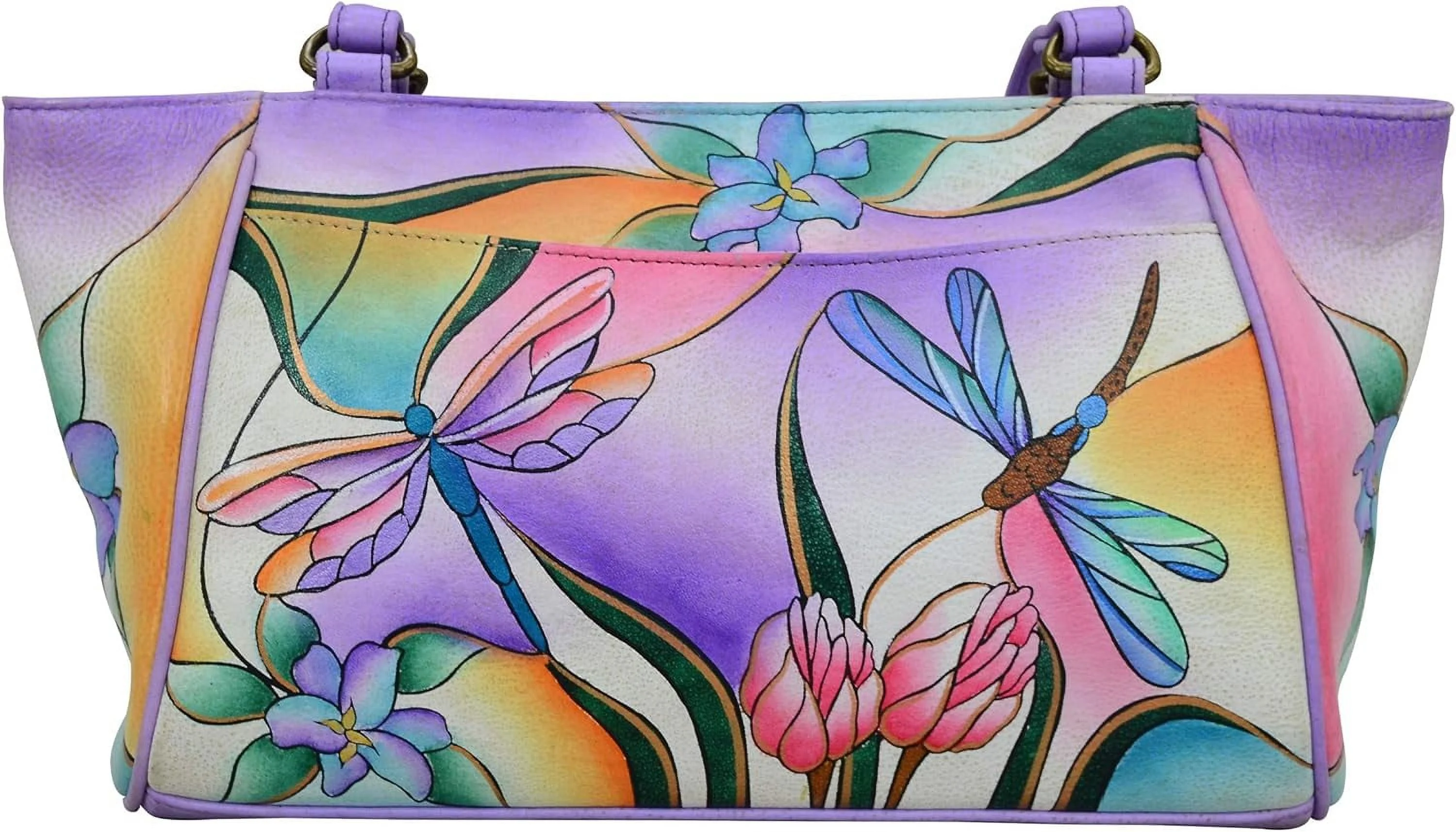 Anna By Anuschka Womens Small Tote Handbag Genuine Leather, Dragonfly Glass Painting
