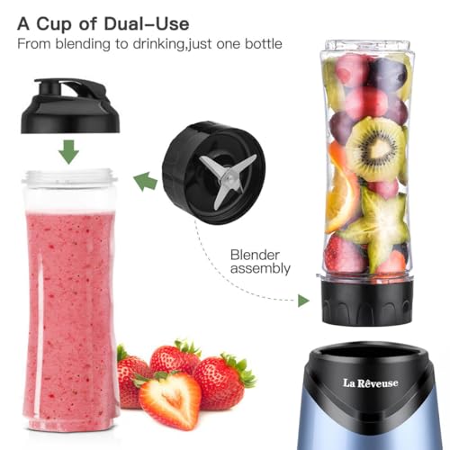 La Reveuse Smoothies Blender Personal Size 300 Watts with 18 oz BPA-free Portable Travel Sports Bottle (Light Blue)