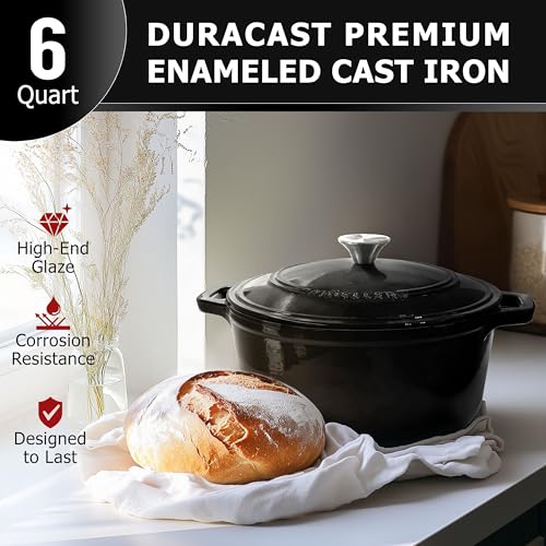 Mueller 6qt Enameled Cast Iron Dutch Oven, Heavy-Duty Casserole and Braiser Pan with Lid and Knob, Oven-Safe up to 500° F & Across All Cooktops, White