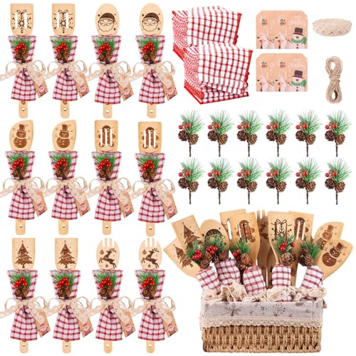 12 Sets Christmas Wooden Spoons Bridal Shower Favors Baby Shower Kitchen Utensils Set Wooden Spoons Waffle Towel and Christmas Tags Prizes for Xmas Party House Kitchen Supplies