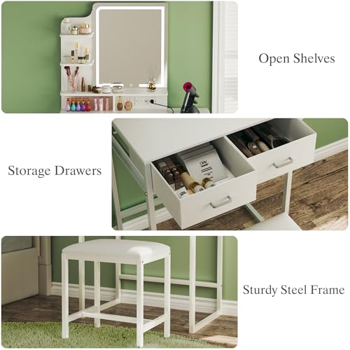 Makeup Vanity Desk with Mirror and Lights, Small Vanity with Fabric Storage Drawer & Chair & Shelves, White Vanity with Fold-up Panel and Power Outlet for Bedroom