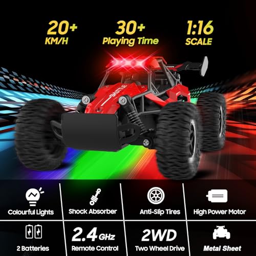 Remote Control Car for Kids 3 4 5 6 7+, 20 KM/H High-Speed RC Cars with LED Lights, 2.4GHz 2WD Monster Truck Toys, Rechargeable RC Car, Toy Cars for Girls Boys, Christmas & Birthday Gifts – Red
