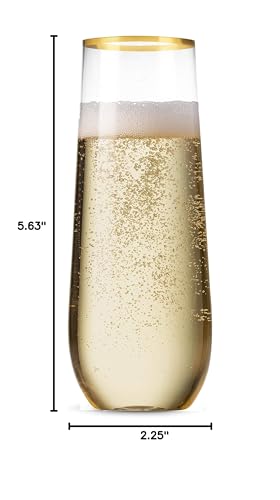 Munfix 48 Pack Stemless Plastic Champagne Flutes Disposable 9 Oz Gold Rim Clear Plastic Toasting Glasses Shatterproof Recyclable and BPA-Free