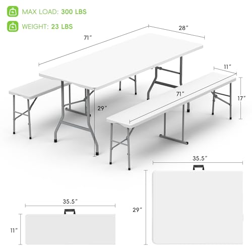 HLPB Folding Table Picnic Table Set, 6 ft Camping Table with 2 Benches, Outdoor Indoor Portable Folding Furniture for Working Meeting Party, Camping, Picnic, Weddings w/Handle and Safety Locks, White