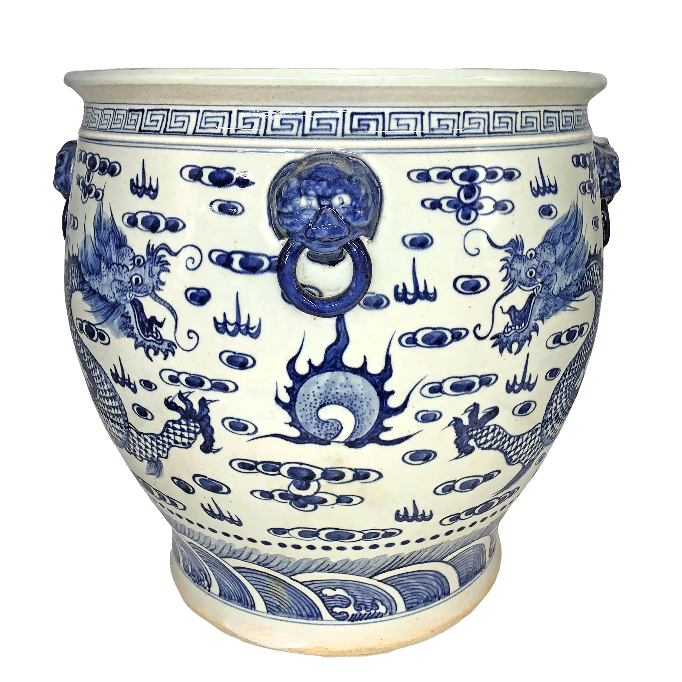 Chinese Blue and White Dragon Porcelain Planter with Carved Lion Handle (16