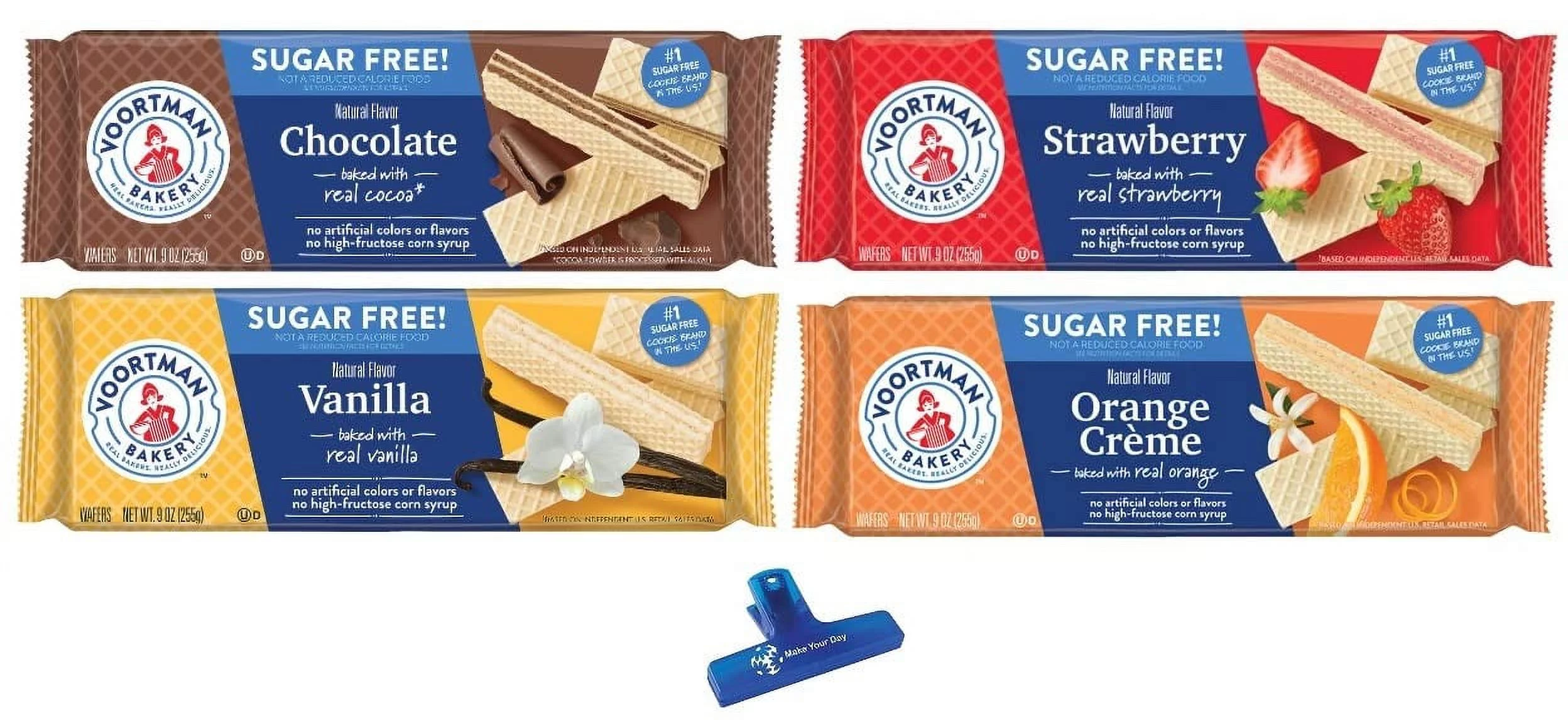 Voortman Bakery Sugar Free Wafers, Chocolate, Vanilla, Strawberry, and Orange Creme, 9 Ounce (Pack of 4) - with Make Your Day Bag Clip