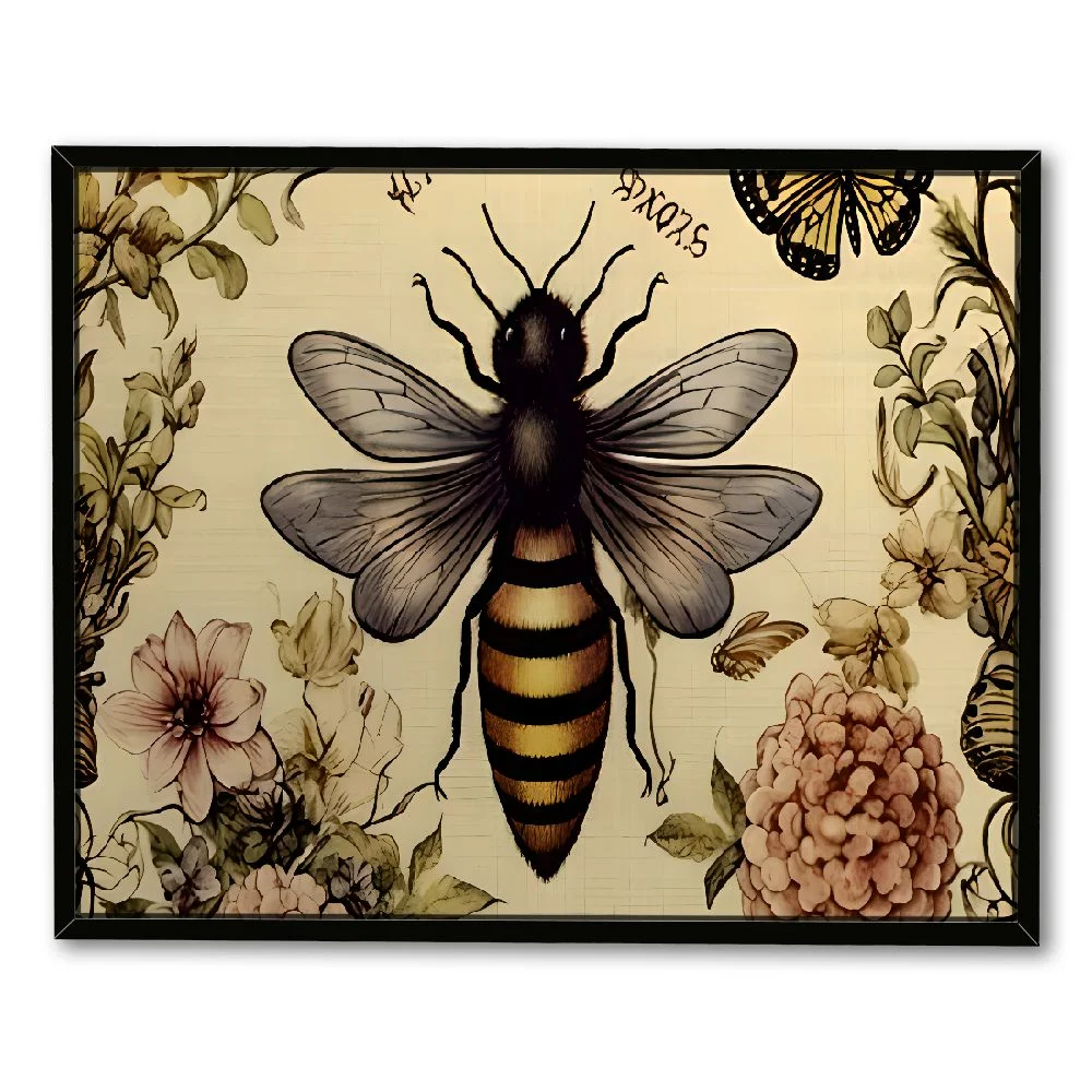COMIO Canvas Print with Black Frame 16x12in / 20x16in Queen Modern Vintage French Bee Wateringcan Antique Honey Crown 20x16in