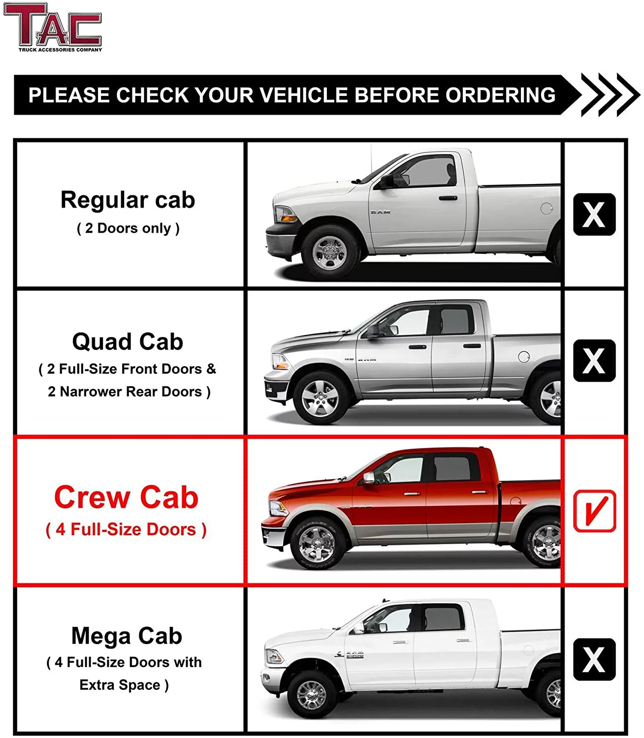 TAC Sniper Running Boards Fit 2009-2018 Dodge RAM 1500 | 2010-2024 RAM 2500/3500 Crew Cab | 2019-2023 RAM 1500 Classic 4