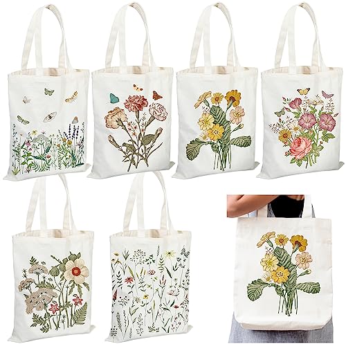 Silkfly 6 Pcs Book Club Gifts Cute Aesthetic Canvas Book Totes Bags Bulk Bookish Lovers Librarian Readers Gifts for Women(Butterfly, Flower)