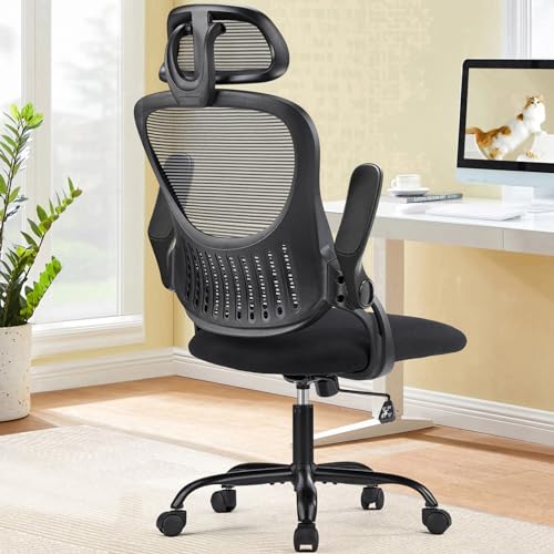 Sweetcrispy Office Computer Desk Chair, Ergonomic High-Back Mesh Rolling Work Chairs with Wheels and Adjustable Headrests, Comfortable Lumbar Support, Comfy Flip-up Arms for Home,Bedroom,Study, Pink