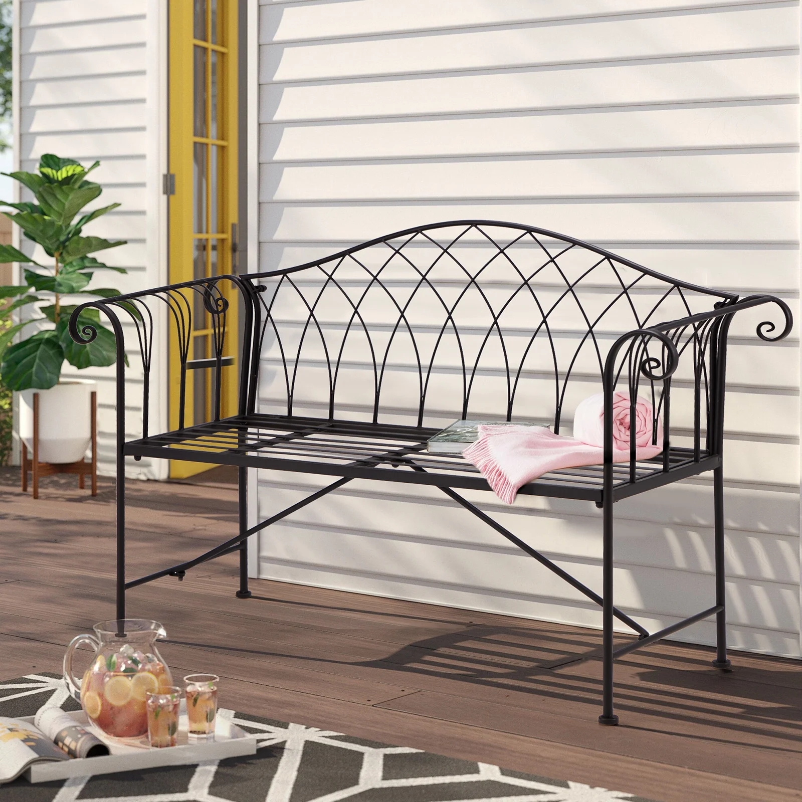 AVAWING Outdoor Bench, Small Patio Garden Metal Bench with Armrests, Park Benches Loveseat Furniture with Back for Outside, Deck, Lawn, Porch, Balcony, Backyard, Black