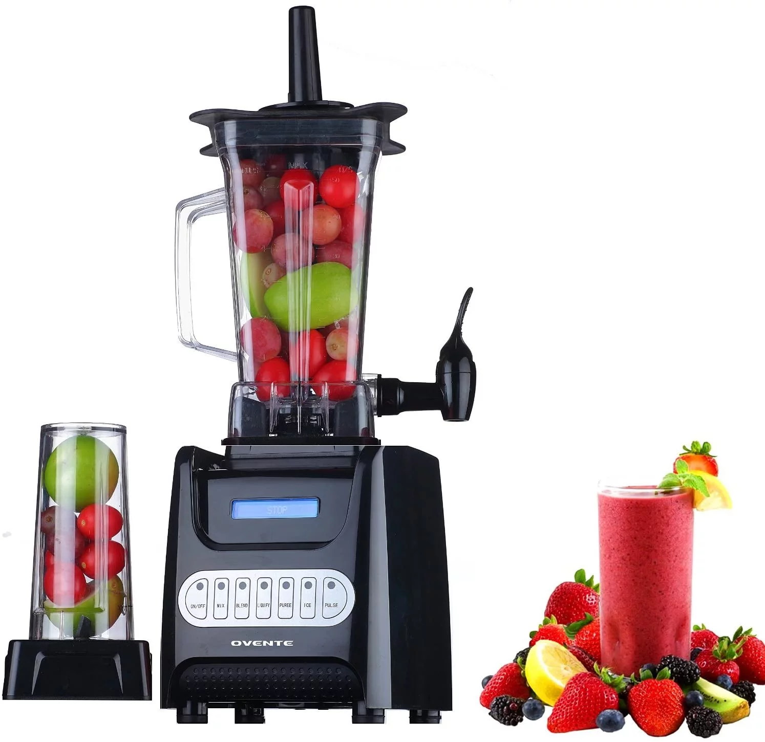 Ovente Kitchen Countertop Blender with Dispenser Stainless Steel Blade & 1.5L BPA-Free Portable Easy Clean Jar, 1000 Watt Base Powered Electric Mixer for Smoothie Protein Shakes, Black BLH1000B