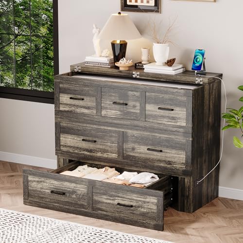 Bellemave Queen Murphy Bed, Cabinet Bed with Charging Station and Storage, Farmhouse Murphy Cabinet with Foldable Panel, Noisy Free, for Guest Bedroom, Living Room, Office, Rustic Gray