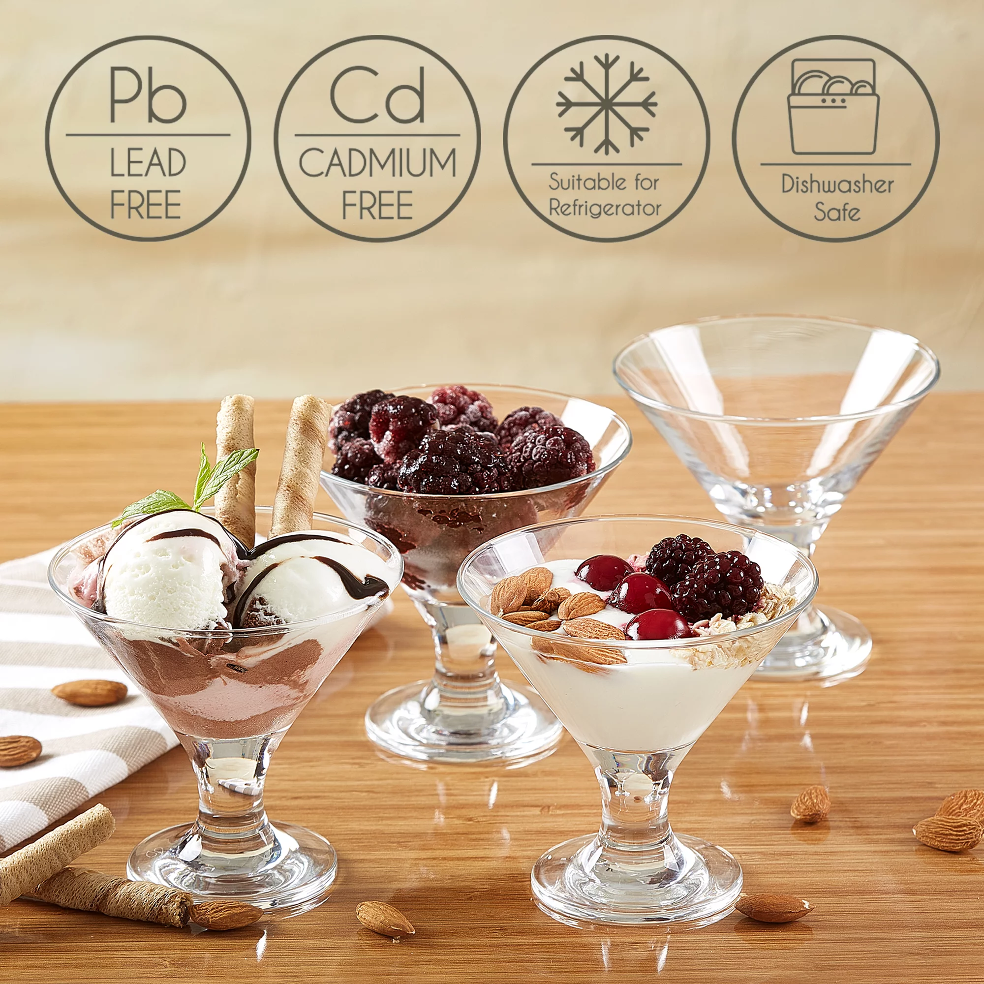 Crystalia Home Small Clear Glass Bowl Set, Dessert, Pudding, Ice Cream, Fruit Serving Cups, Set of 4, 6.25 oz