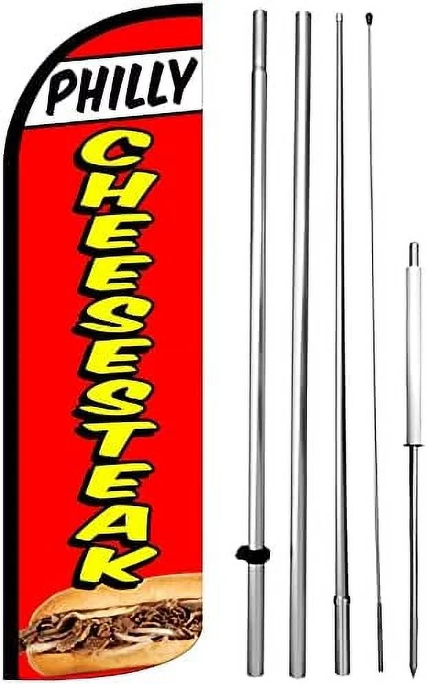 4Lessco PHILLY CHEESESTEAK - Windless Swooper Flag Feather Banner Sign 15 Ft Tall Kit Rq-H