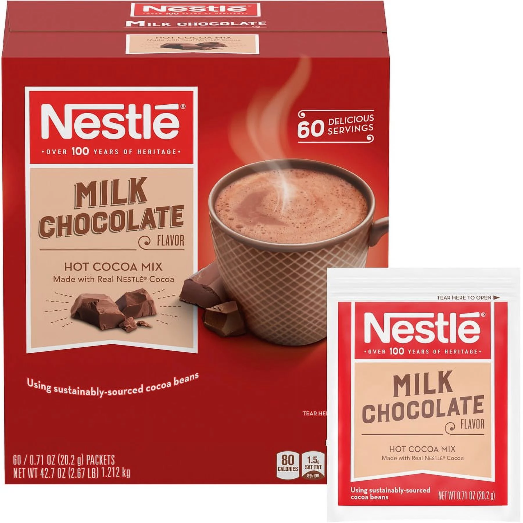 Nestle Hot Cocoa Milk Chocolate Single-Serve Hot Chocolate Packets - Cocoa, Chocolate - 0.71 oz - 60 / Box | Bundle of 5