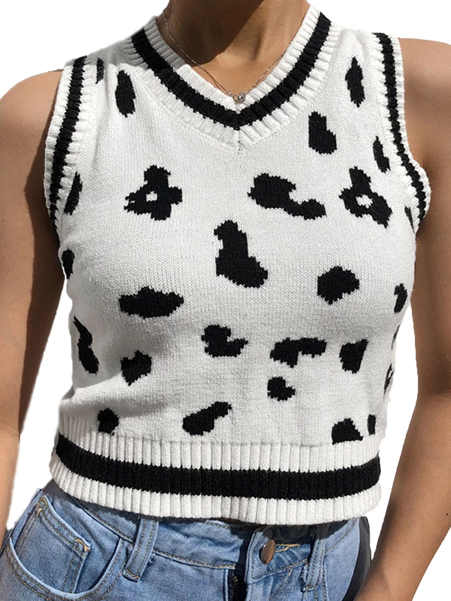 Fanvereka Classic Sweater Vest Women’s Trendy Cow Print Sleeveless V Neck Rib Knit Pullover Crop Top