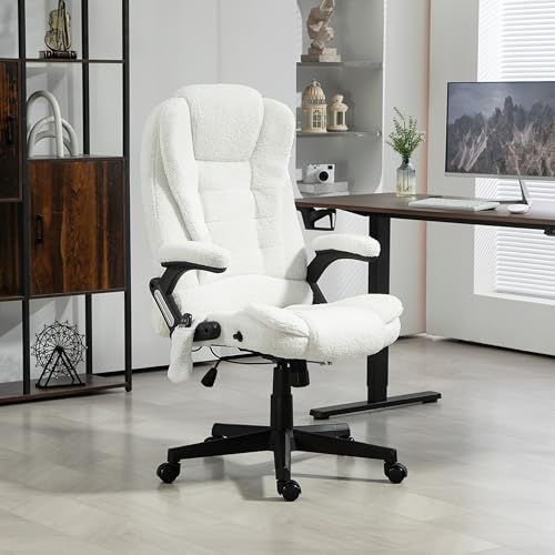 HOMCOM 6 Point Vibrating Massage Office Chair with Heat, Velvet High Back Executive Office Chair with Reclining Backrest, Padded Armrests and Remote, White