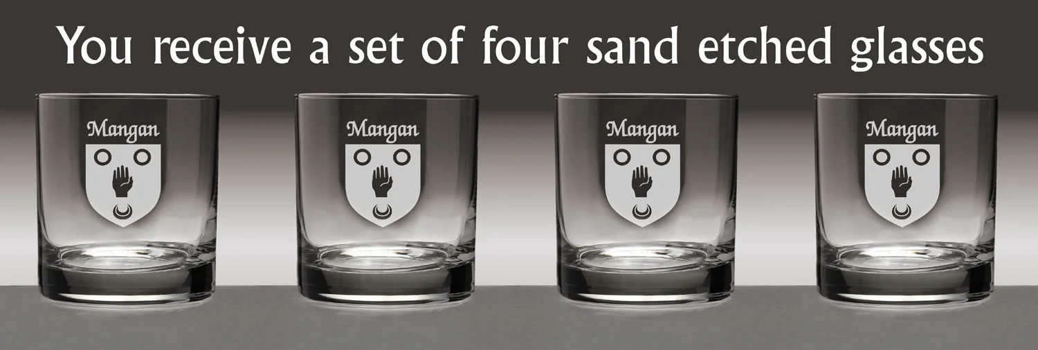 Mangan Irish Coat of Arms Tumbler Glasses - Set of 4 (Sand Etched)