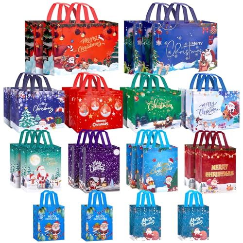 24 Pack Christmas Gift Bags Assorted Sizes, Reusable Tote Bags Includes 4 Extra Large 17