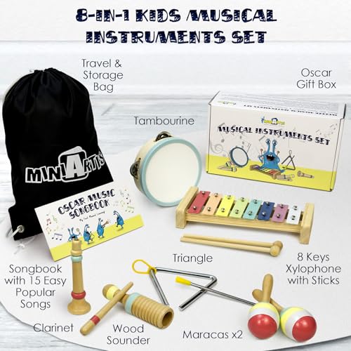 MINIARTIS Toddler Musical Instruments - Montessori Wooden Musical Toys for Toddlers 1-3 | Modern Boho Baby Drum Set with Neutral Colors Percussion Instruments | Kids Preschool Educational 3+