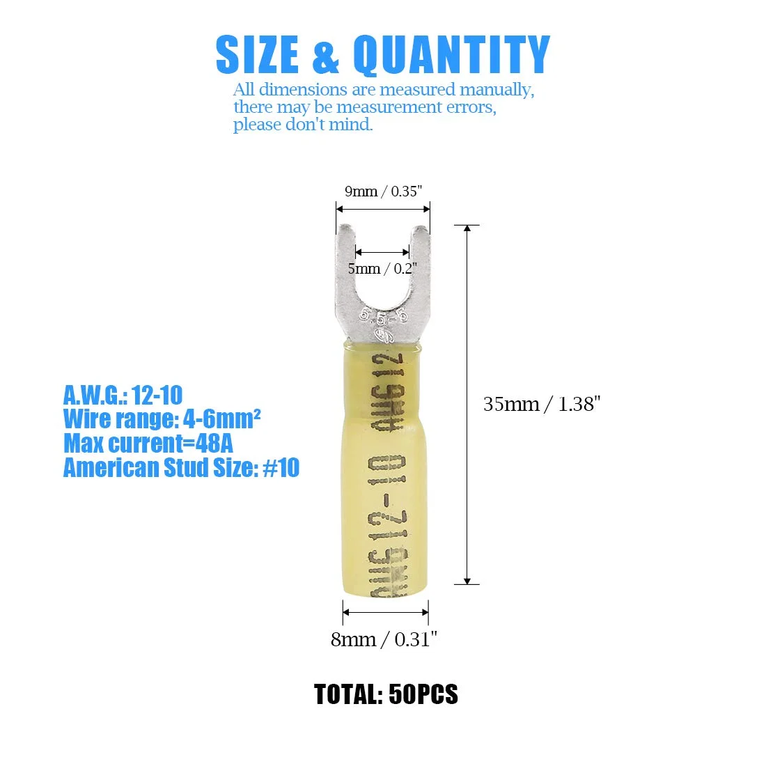 Glarks 50pcs 12-10 Gauge #10 Heat Shrink Fork Connectors Electrical Insulated Fork Crimp Terminals Connectors Assortment Kit (Yellow)