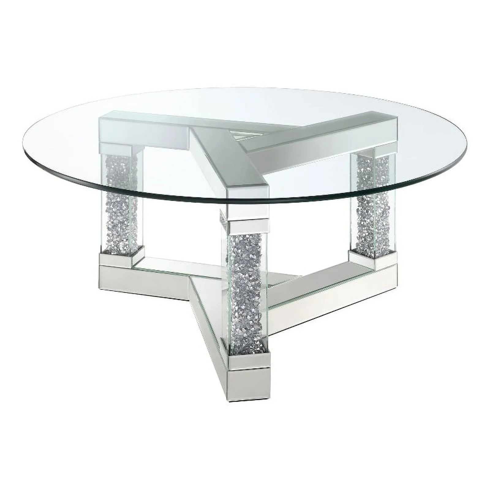 Pemberly Row Contemporary Glass Square Post Legs Round Coffee Table Silver