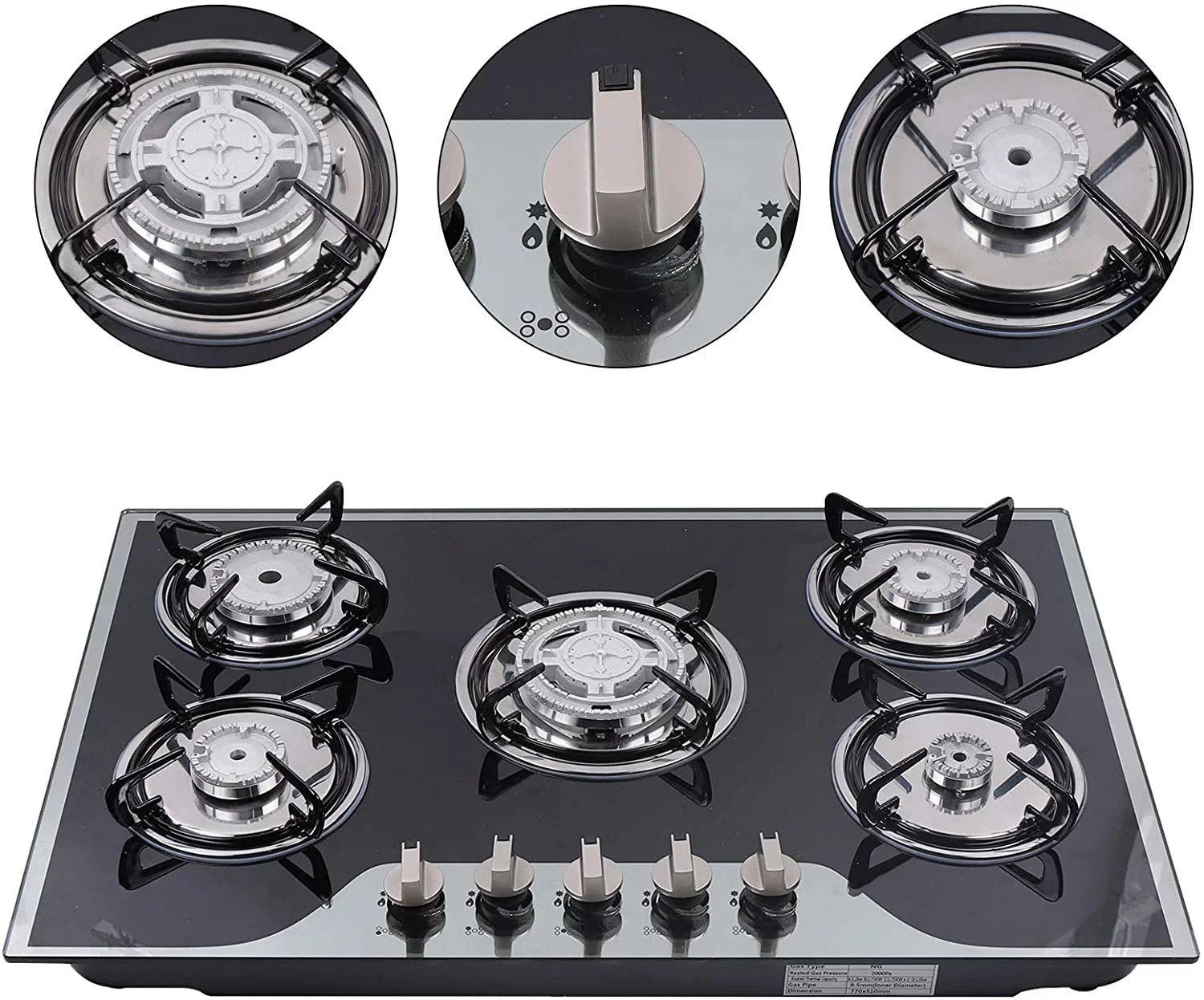 5 Burners Built-in Gas Hobs Kitchen Cooker Stove Cooktop LPG/NG Tempered Glass 30
