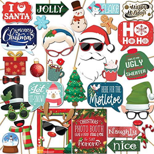 Christmas Photo Booth Props - 41-pc Photobooth Kit with 8 x 10-Inch Sign, 60 Adhesive Pads, 45 Sticks - Christmas Photobooth Props - Holiday Photobooth Prop