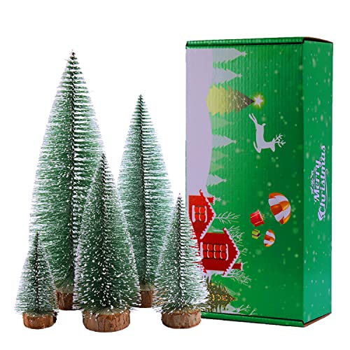 Bottle Brush Christmas Trees 5Sizes Mini Christmas Trees Small Christmas Trees Mini Pine Trees Desktop Miniature Christmas Trees with Snow and Wooden Base for Crafting Decorations (Plant Green)