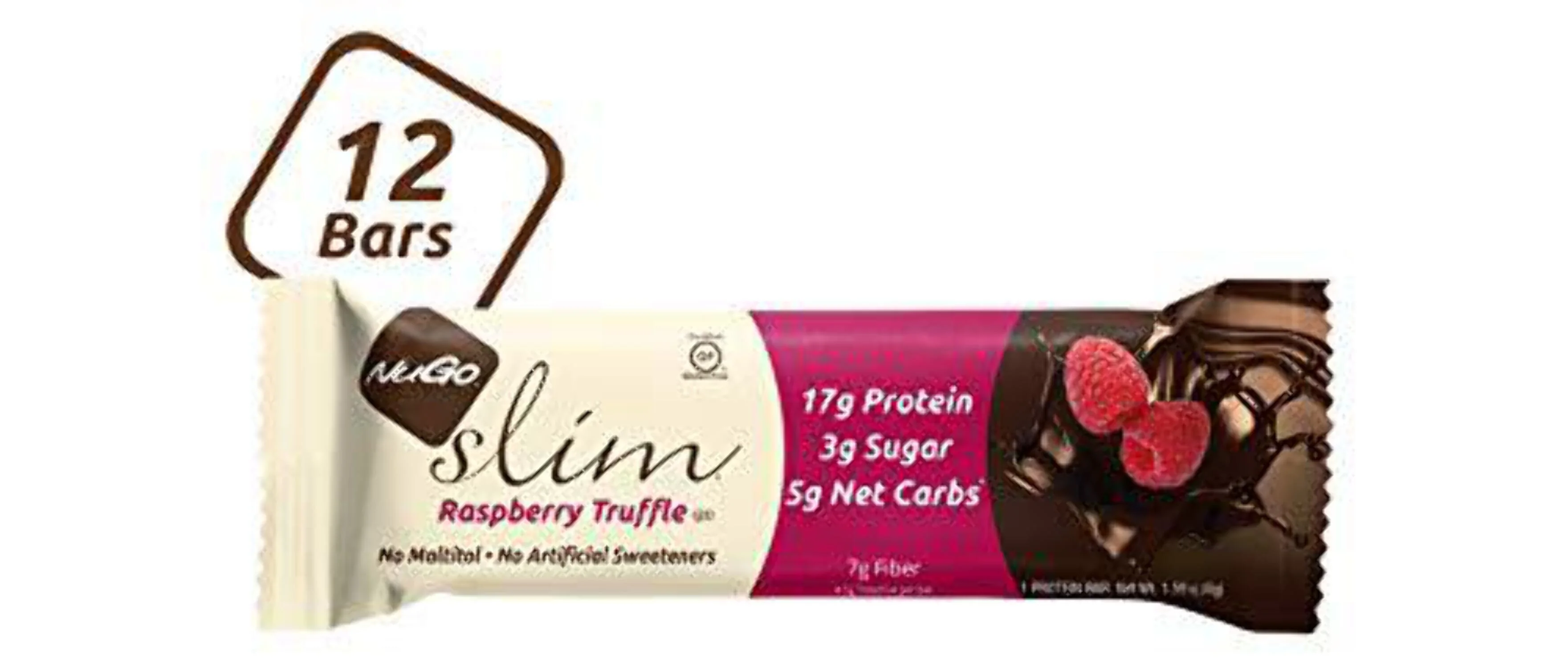 NuGo Slim Dark Chocolate Raspberry Truffle, 17g Protein, 3g Sugar, 7g Fiber, 160 Calories, Low Net Carbs, Gluten Free, 12 Count