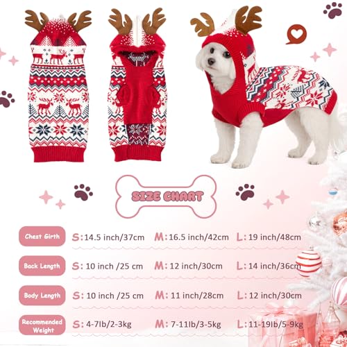 2 Pcs Christmas Dog Sweater Warm Winter Dog Hoodie Snowflake Christmas Tree Reindeer Pet Outfit Clothes Holiday Knitwear with Reindeer Antler Hood for Small Medium Pet Outdoors Playing(L)