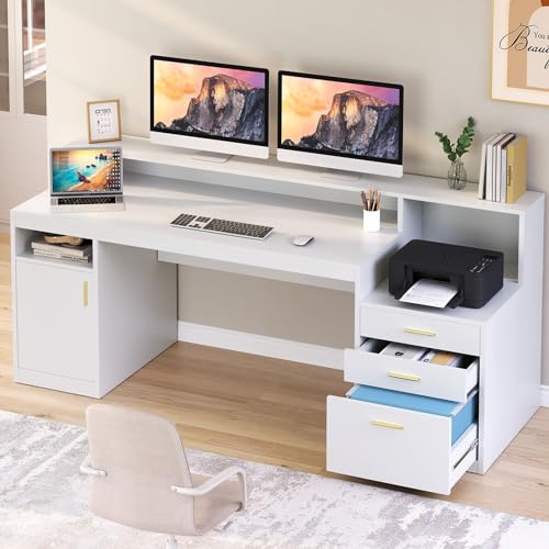Computer Desk with 3 Drawer & Storage Shelves, Home Office Desk with File Drawer & Cabinet, Writing Study Table with Long Monitor Stand & Printer Shelf, Executive Desk, Black
