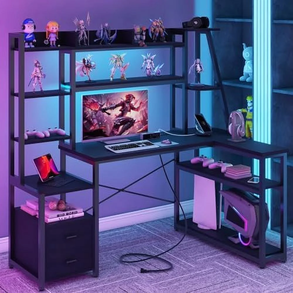 64" L Shaped Computer Desk with LED Lights and Power Outlets  L Shaped Gaming Desk with 2 Drawers Hutch Monitor Stand   Office Desk with USB Port