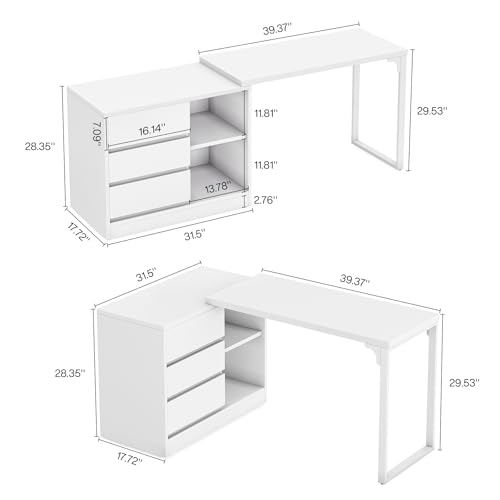 Tribesigns L-Shaped Computer Desk with Drawers and Shelves, Reversible White Corner Office Desk with Storage Cabinet, Modern Study Writing Table for Home Office, Bedroom